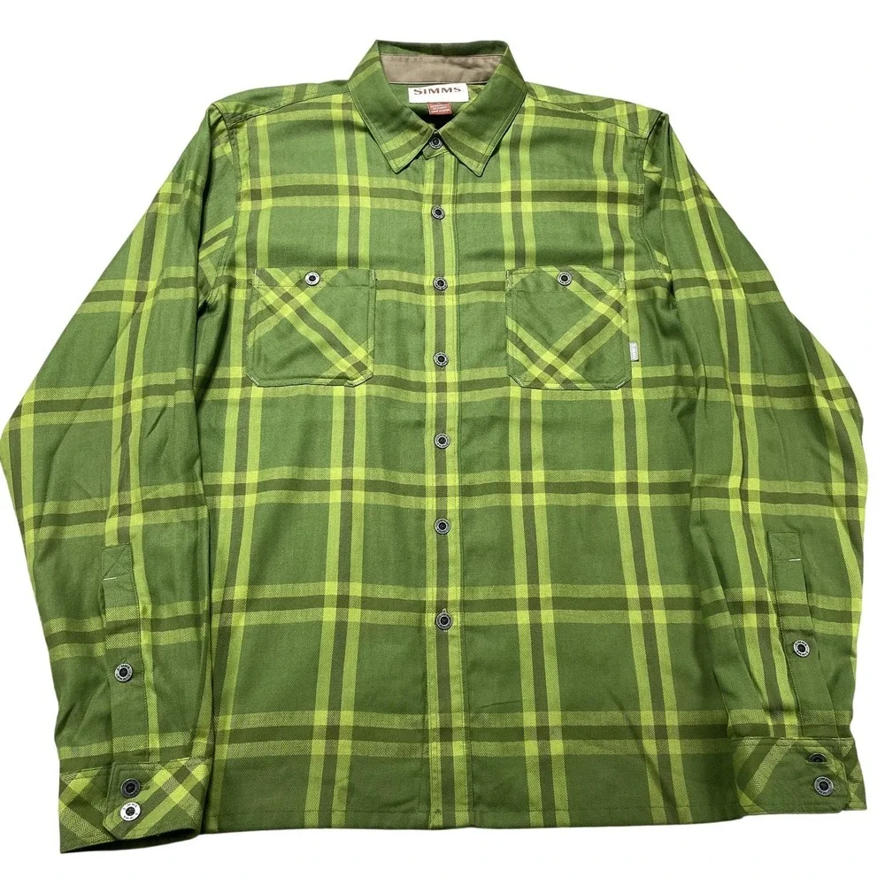 Simms Shirt Mens Med Green Plaid Twill Button Front‎ Long Sleeve Fishing Outdoor